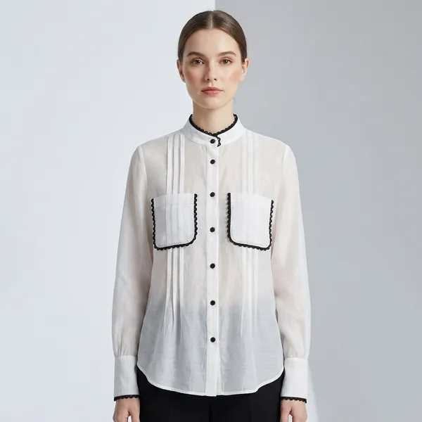 White_Cotton_Silk_Sheer_Black_Trim_Flap_Pocket_Shirt_For_Women