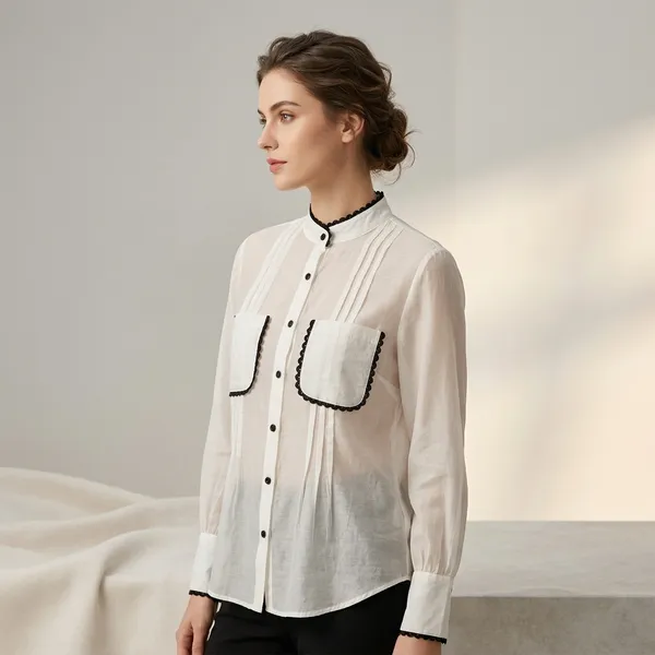White_Cotton_Silk_Sheer_Black_Trim_Flap_Pocket_Shirt_For_Women