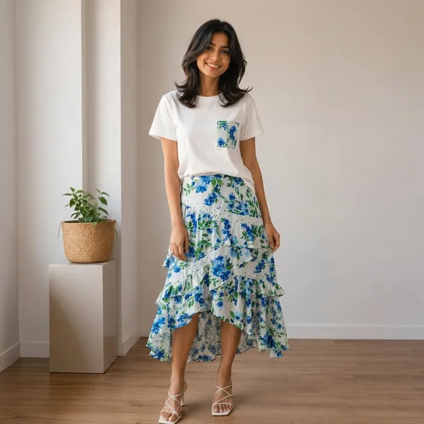 White_Blue_Floral_Viscose_Rayon_T-Shirt_Tiered_Skirt_Co-Ord_Set_For_Women