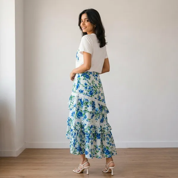 White_Blue_Floral_Viscose_Rayon_T-Shirt_Tiered_Skirt_Co-Ord_Set_For_Women