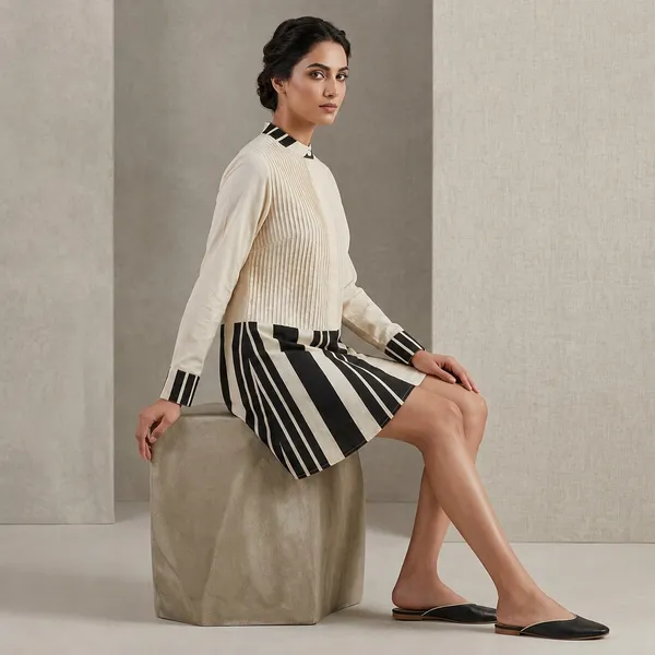 Cream_&_Black_Cotton_Striped_Pintuck_shirt_Dress_For_Women
