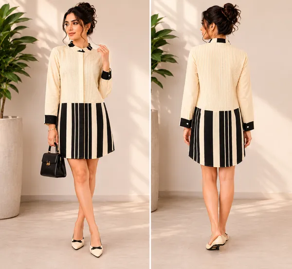 Cream_&_Black_Cotton_Striped_Pintuck_shirt_Dress_For_Women