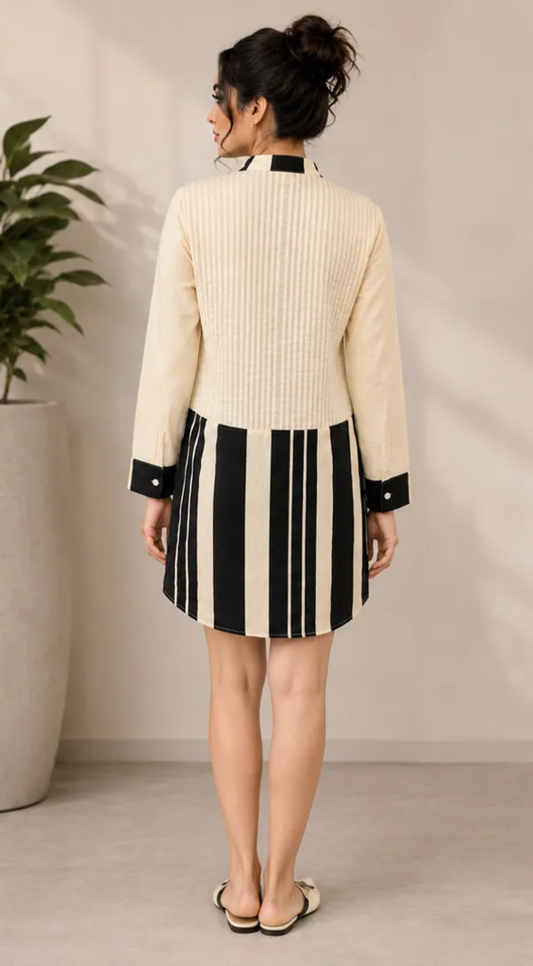 Cream_&_Black_Cotton_Striped_Pintuck_shirt_Dress_For_Women