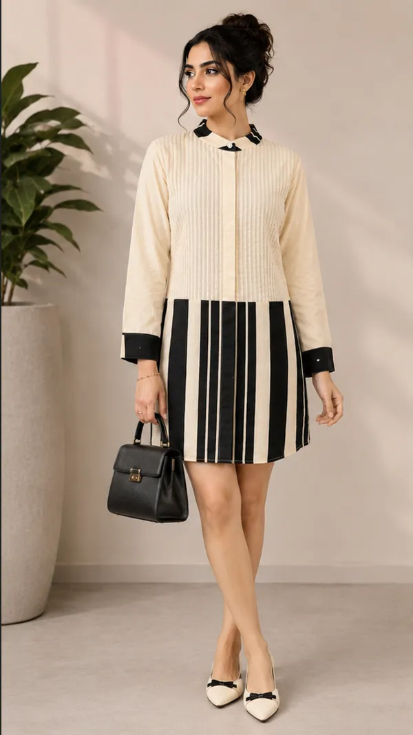 Cream_&_Black_Cotton_Striped_Pintuck_shirt_Dress_For_Women