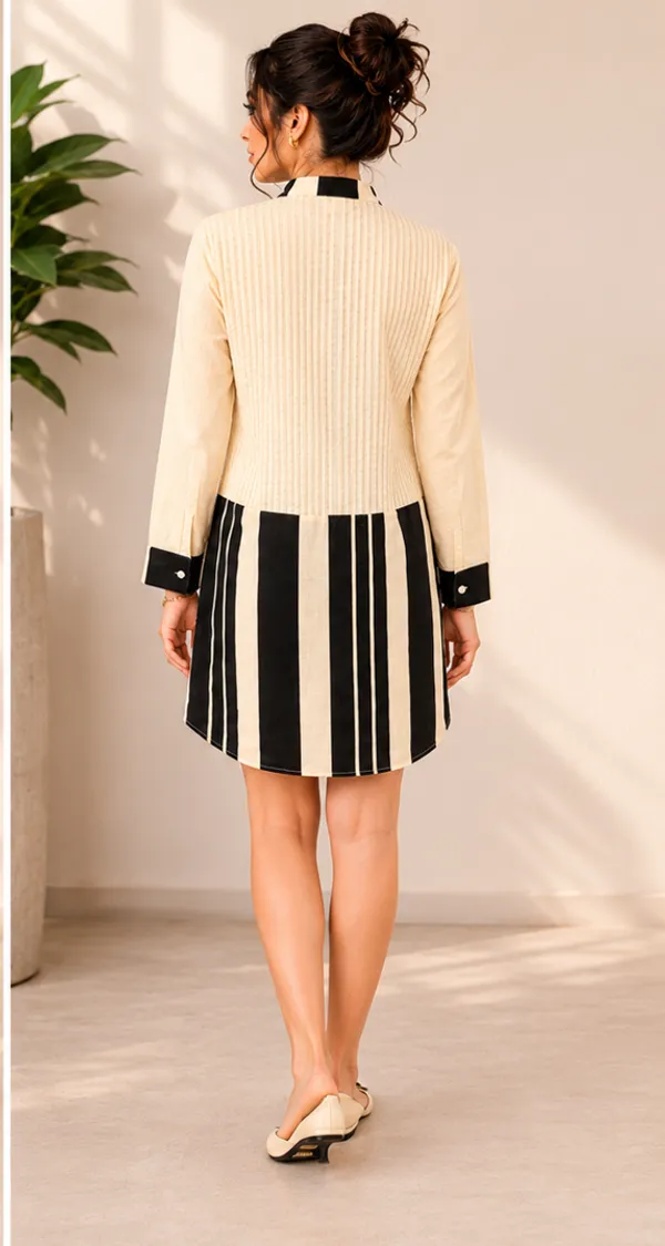 Cream_&_Black_Cotton_Striped_Pintuck_shirt_Dress_For_Women