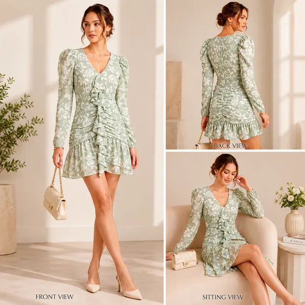 Sage_Green_Tropical_Floral_Poly_Satin_Puff_Sleeve_Ruffle_Dress_For_Women