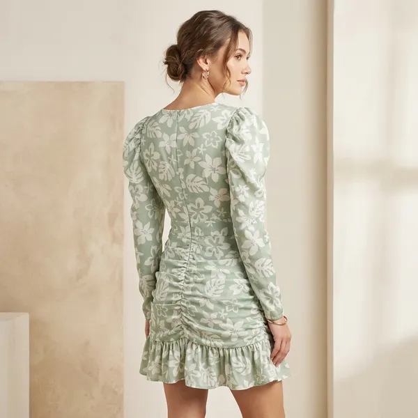 Sage_Green_Tropical_Floral_Poly_Satin_Puff_Sleeve_Ruffle_Dress_For_Women