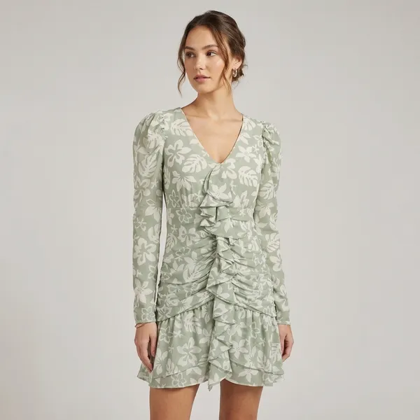 Sage_Green_Tropical_Floral_Poly_Satin_Puff_Sleeve_Ruffle_Dress_For_Women