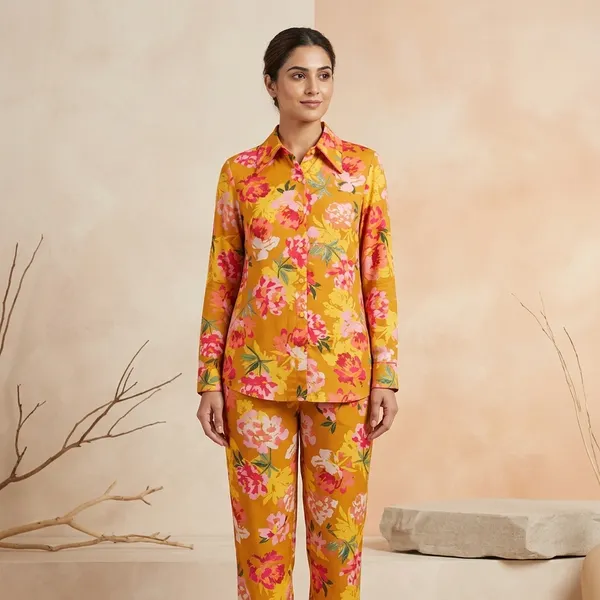 Mustard_Yellow_Viscose_Rayon_Floral_Print_Shirt_Pyjama_Co-Ord_Set_For_Women