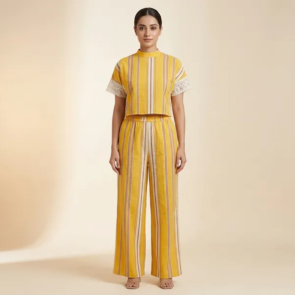 Yellow_Cotton_Striped_Lace_Sleeve_Crop_Top_Co-Ord_Set_For_Women