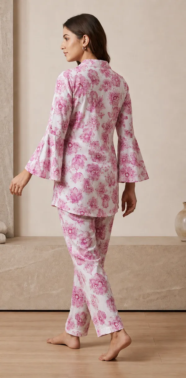 Pink_Floral_Viscose_Rayon_Bell_Sleeve_Shirt_Pajama_Co-Ord_Set_For_Women