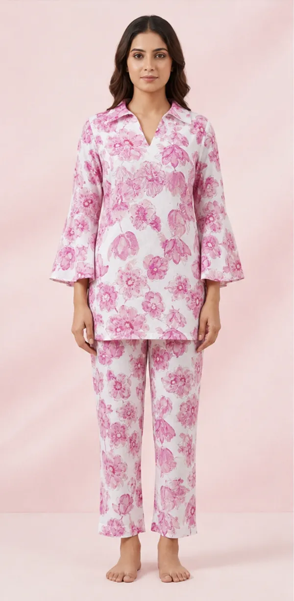 Pink_Floral_Viscose_Rayon_Bell_Sleeve_Shirt_Pajama_Co-Ord_Set_For_Women