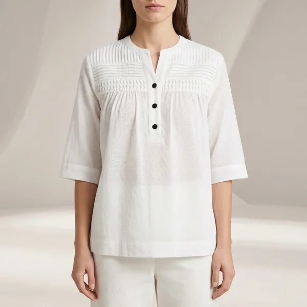 White_Cotton_Dobby_Embroidered_Pleated_Button-Down_Top_For_Women