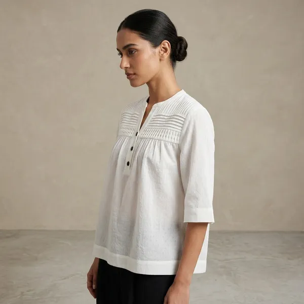 White_Cotton_Dobby_Embroidered_Pleated_Button-Down_Top_For_Women