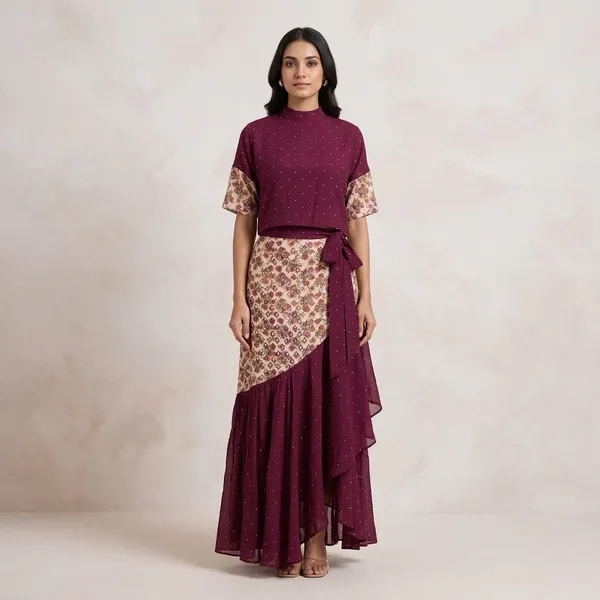 Maroon_Polka_Dot_Cotton_Crepe_Crop_Top_Asymmetric_Skirt_Co-Ord_Set_For_Women