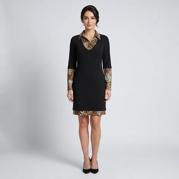 Black_Poly_Spandex_Knit_Animal_Print_Midi_Bodycon_Dress_For_Women