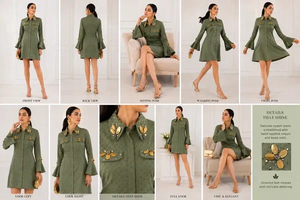 Olive_Green_Schiffli_Polka_Dot_Bell_Sleeve_Shirt_Dress_For_Women