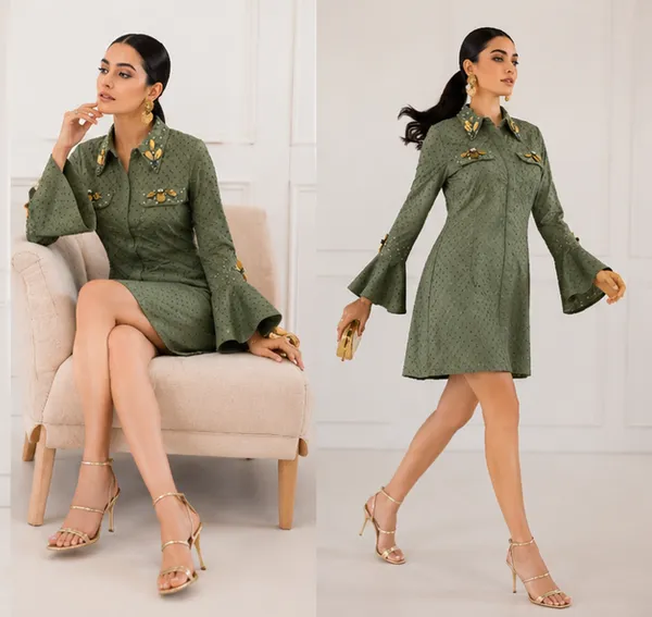 Olive_Green_Schiffli_Polka_Dot_Bell_Sleeve_Shirt_Dress_For_Women