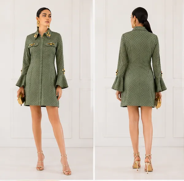 Olive_Green_Schiffli_Polka_Dot_Bell_Sleeve_Shirt_Dress_For_Women