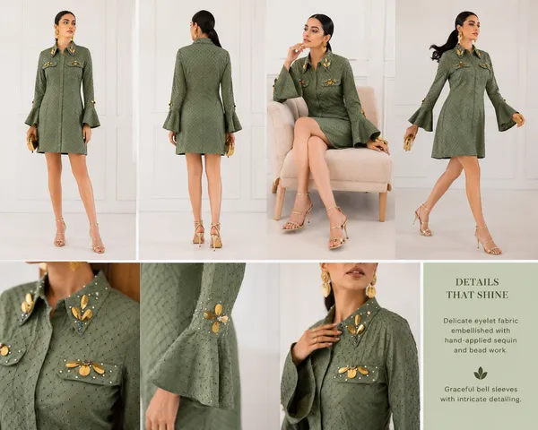 Olive_Green_Schiffli_Polka_Dot_Bell_Sleeve_Shirt_Dress_For_Women
