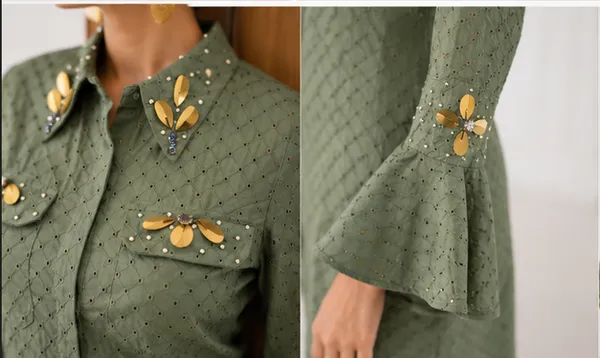 Olive_Green_Schiffli_Polka_Dot_Bell_Sleeve_Shirt_Dress_For_Women