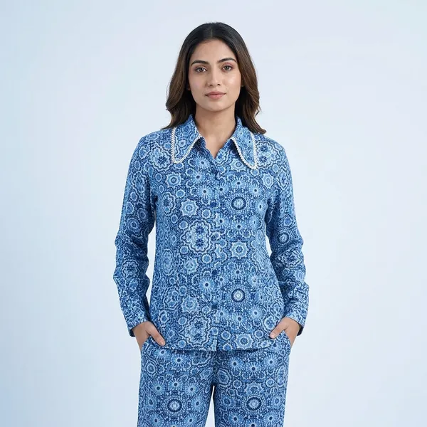 Blue_Viscose_Rayon_Mosaic_Print_Shirt_Pajama_Co-Ord_Set_For_Women