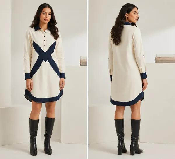 Navy_Blue_&_White_Cotton_Dobby_Color_Block_Shirt_Dress_For_Women