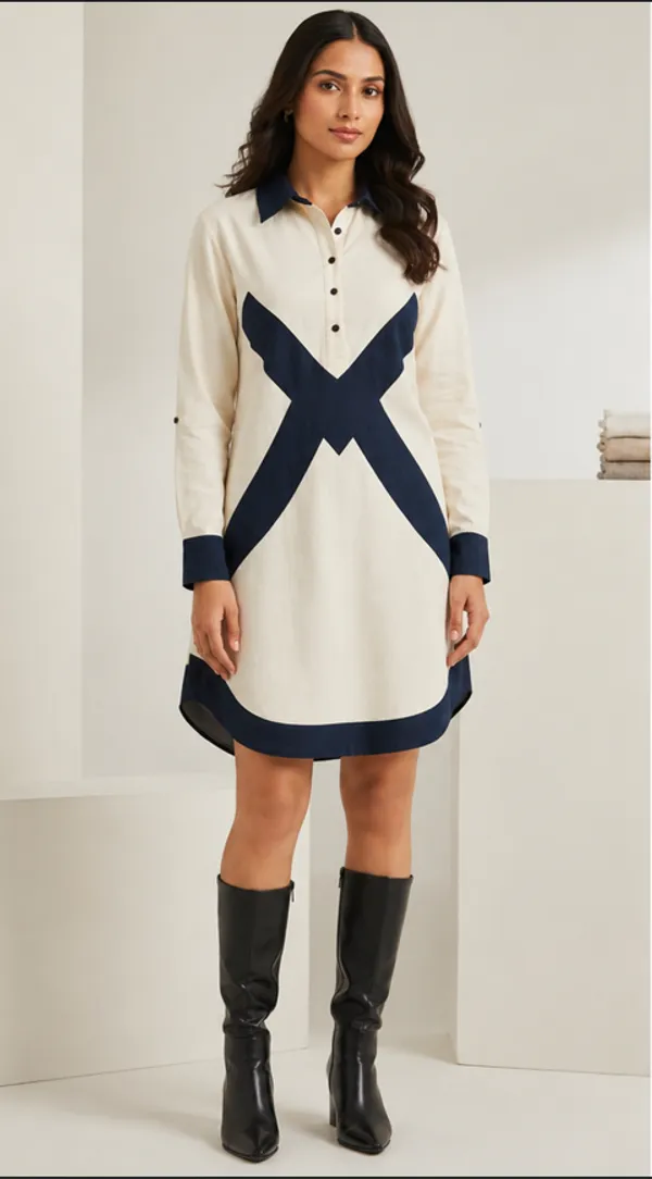 Navy_Blue_&_White_Cotton_Dobby_Color_Block_Shirt_Dress_For_Women