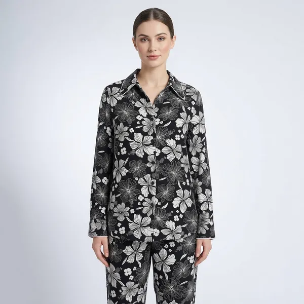 Black_White_Floral_Viscose_Rayon_Shirt_Pyjama_Co-Ord_Set_For_Women