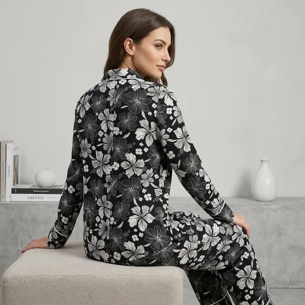 Black_White_Floral_Viscose_Rayon_Shirt_Pyjama_Co-Ord_Set_For_Women