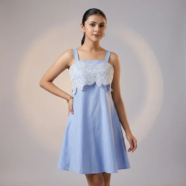 Azure_Blue_Cotton_Chambray_Embroidered_A-Line_Dress_For_Women
