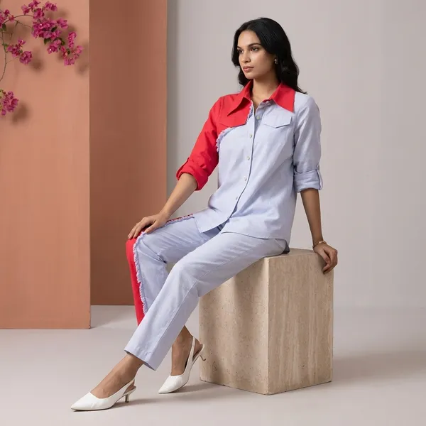 Blue_And_Red_Oxford_Cotton_Lyocell_Linen_Coord_Set_For_Women