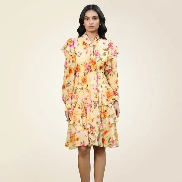 Sunflower_print_Chiffon_Tiered_Ruffle_High-Neck_Dress_For_Women