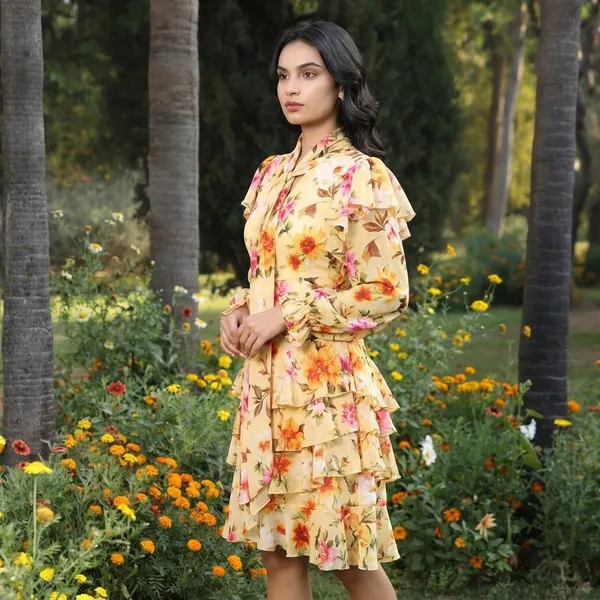Sunflower_print_Chiffon_Tiered_Ruffle_High-Neck_Dress_For_Women