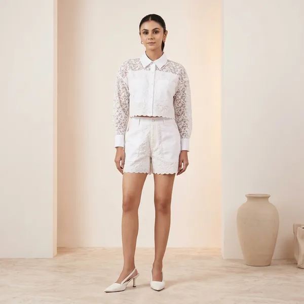 White_Lace_Knit_Lined_Tailored_Shirt_And_Shorts_Co-Ord_Set_For_Women