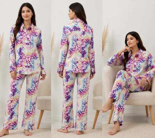 Multicolor_Viscose_Rayon_Tie-Dye_Shirt_Pajama_Co-Ord_Set_For_Women