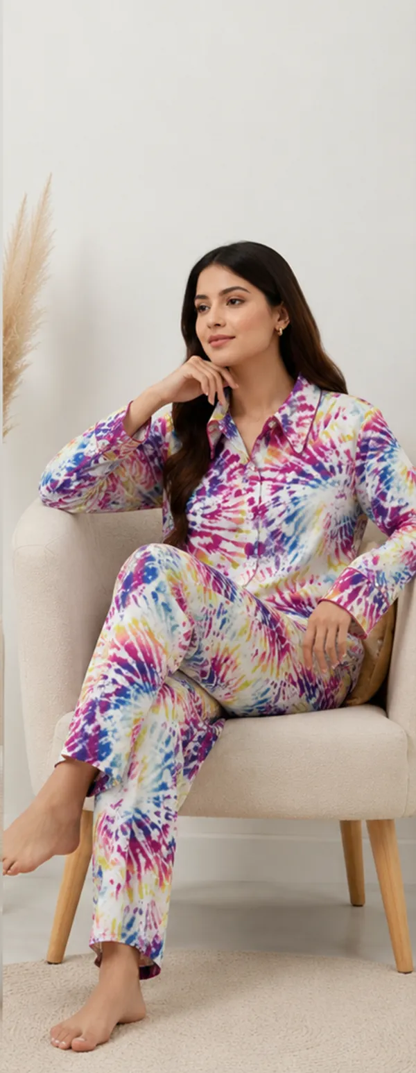 Multicolor_Viscose_Rayon_Tie-Dye_Shirt_Pajama_Co-Ord_Set_For_Women