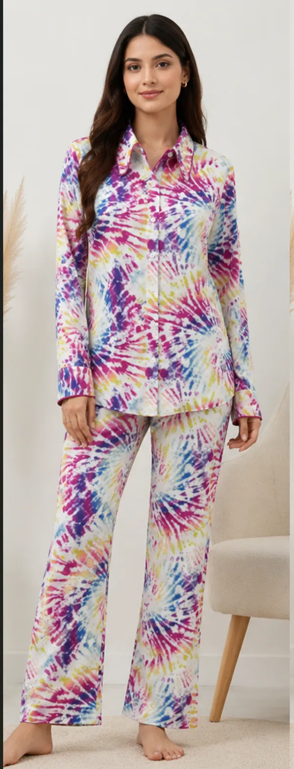 Multicolor_Viscose_Rayon_Tie-Dye_Shirt_Pajama_Co-Ord_Set_For_Women