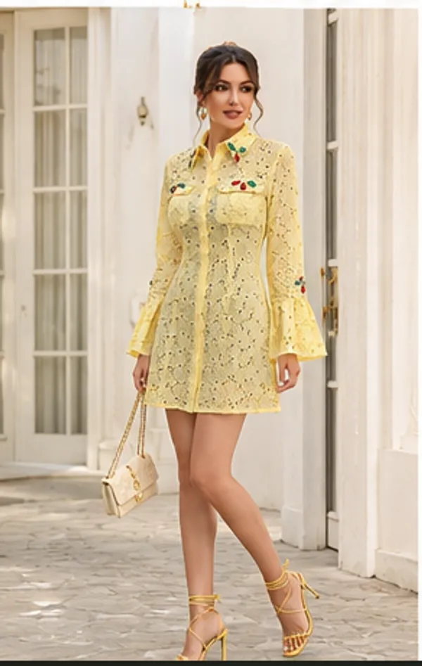 Yellow_Schiffli_Lace_Floral_Applique_Shirt_Dress_For_Women