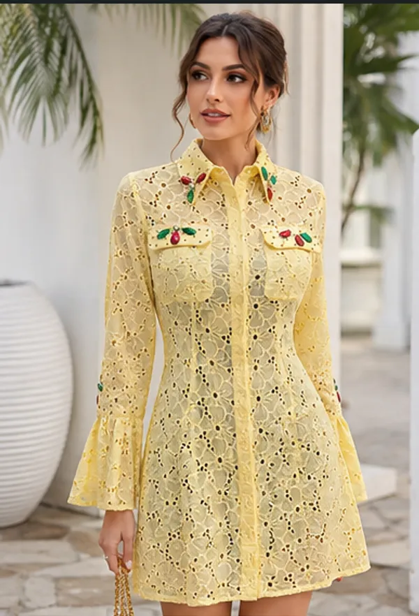 Yellow_Schiffli_Lace_Floral_Applique_Shirt_Dress_For_Women