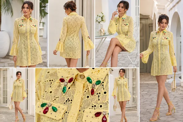 Yellow_Schiffli_Lace_Floral_Applique_Shirt_Dress_For_Women