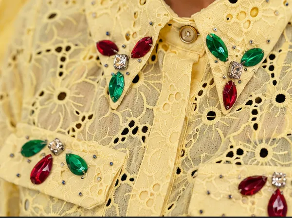 Yellow_Schiffli_Lace_Floral_Applique_Shirt_Dress_For_Women
