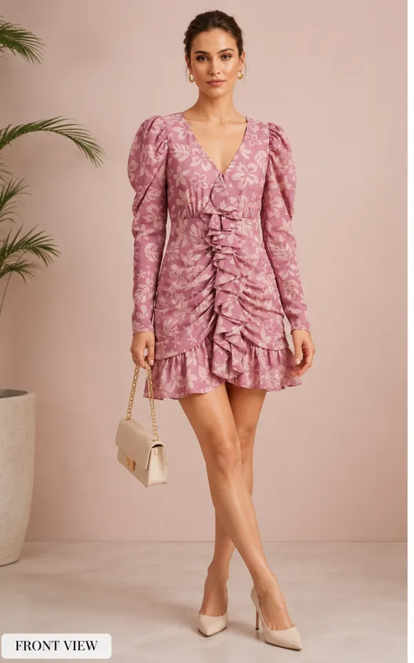 Pink_Floral_Silk_Finish_Poly_Puff_Sleeve_Ruched_Mini_Dress_For_Women