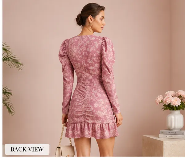 Pink_Floral_Silk_Finish_Poly_Puff_Sleeve_Ruched_Mini_Dress_For_Women