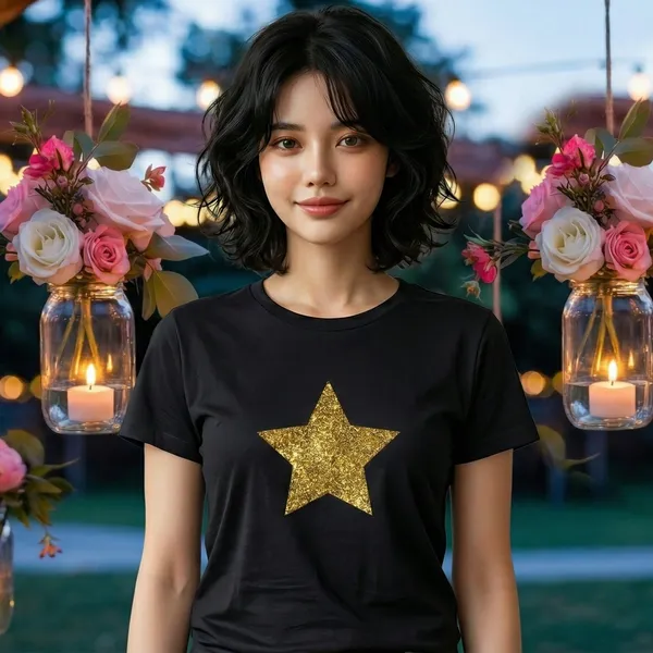 Shorttall_Premium_Women_S_T_Shirt_Golden_Star_Luxe_Sparkle_Edition_Black