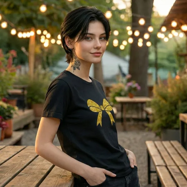 Shorttall_Premium_Women_S_T_Shirt_Golden_Bow_Sparkle_Edition_Black