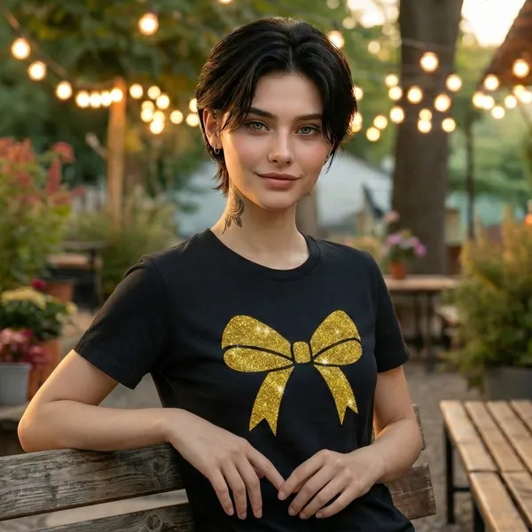 Shorttall_Premium_Women_S_T_Shirt_Golden_Bow_Sparkle_Edition_Black