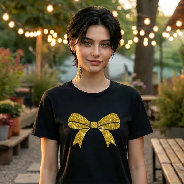 Shorttall_Premium_Women_S_T_Shirt_Golden_Bow_Sparkle_Edition_Black