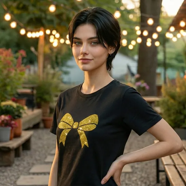 Shorttall_Premium_Women_S_T_Shirt_Golden_Bow_Sparkle_Edition_Black