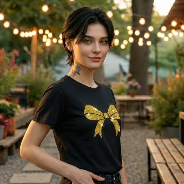 Shorttall_Premium_Women_S_T_Shirt_Golden_Bow_Sparkle_Edition_Black